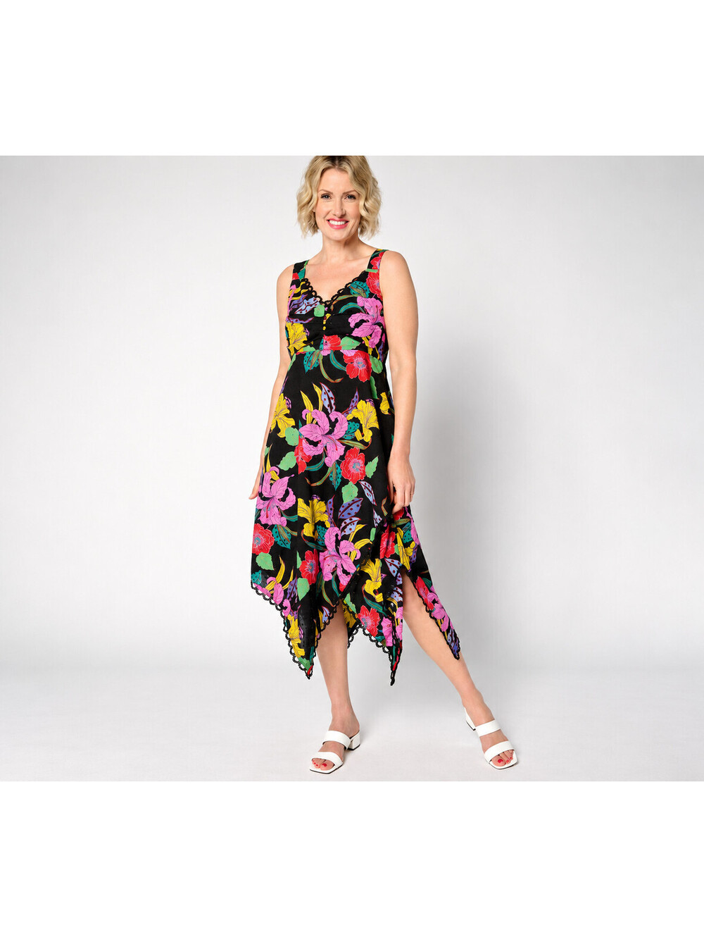 Susan Graver Regular Printed Eyelet Asymmetric Hem Dress Black/Multi, Small
